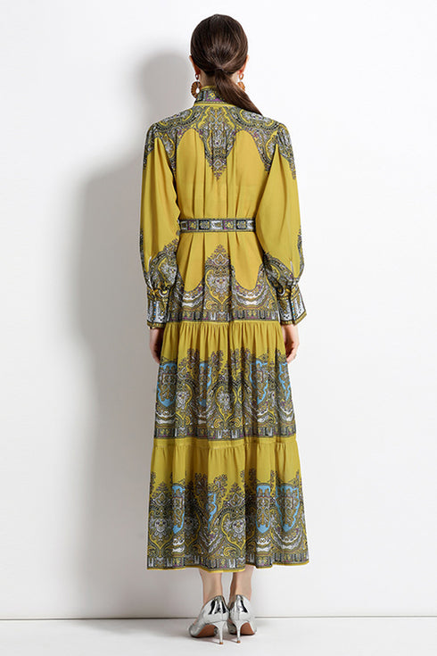 Autumn Retro Court Style Stand Collar, Lantern Sleeve, Belted, Ruffled Paisley Pattern Long Party, Festive Renaissance Dress